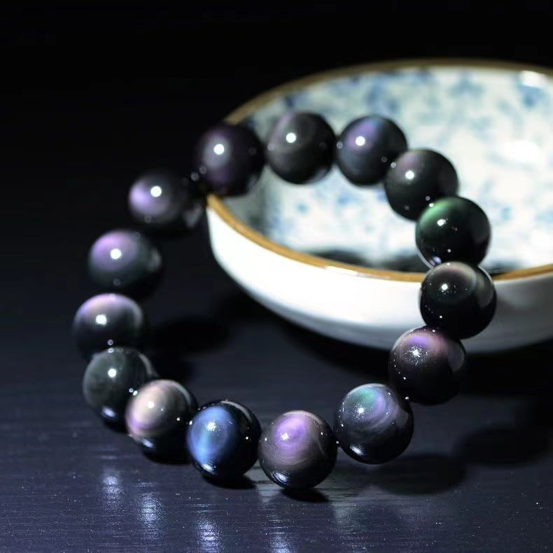 Natural Silver Obsidian Bracelet – Polished Beads in Subtle Iridescence